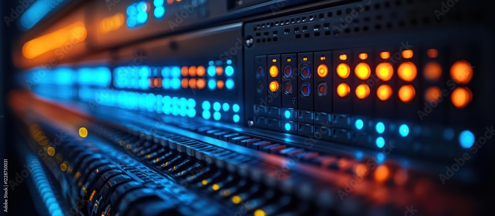 Poster illuminated server rack with glowing lights and indicators.