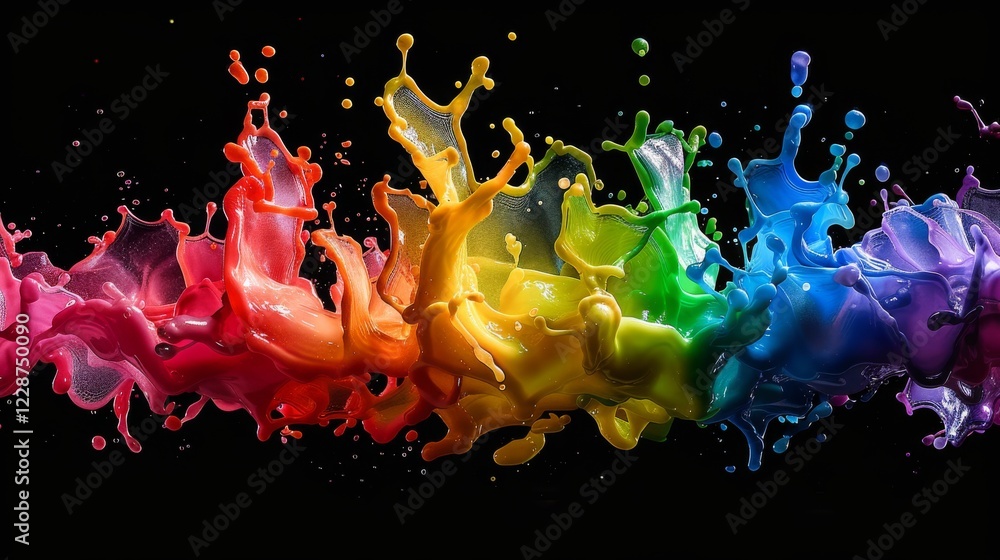 Poster vibrant liquid droplets colliding in mid-air, creating dynamic and colorful patterns of motion and c