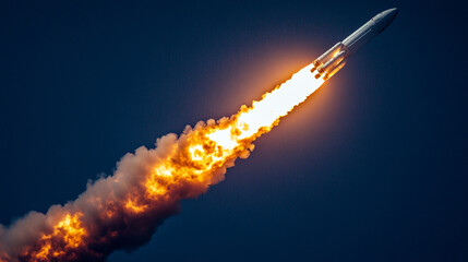 A space rocket launching with flames and smoke against a dark blue background representing innovation exploration minimalistic bright modern blurred empty space for caption on side