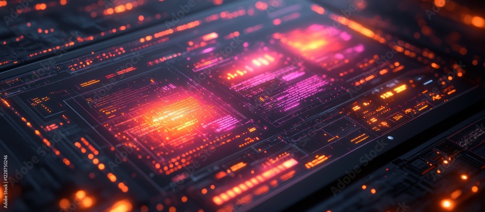 Aufkleber futuristic glowing circuit board with digital data streams.