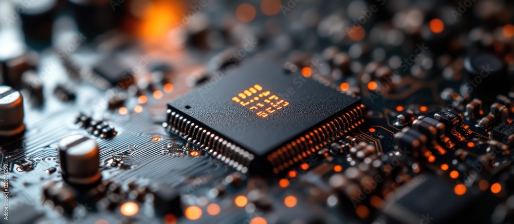 Poster close-up of a microchip on a circuit board.