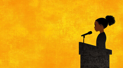 A silhouette of a woman speaking at a podium against a vibrant yellow background, symbolizing empowerment and public speaking.