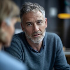 In a comfortable setting, a man over 40 with a determined expression engages in a therapeutic discussion about his personal struggles, focusing on resilience and growth