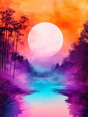 Vibrant sunset over a tranquil river reflecting colorful skies and silhouettes of trees