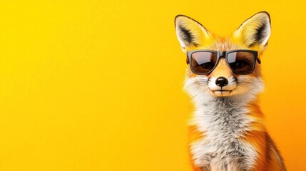 Cool fox wearing sunglasses, yellow background