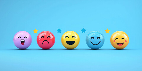 Konzept für eine Kundenzufriedenheitsumfrage. Fünf-Sterne-Bewertung auf virtueller Feedback-Schnittstelle, hervorragende Kundenzufriedenheit. Emoticons verschiedener Feedback-Ebenen, Kundenerfahrung,