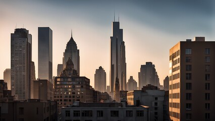 Fototapeta premium Golden hour cityscape panorama showcasing a diverse architectural skyline with modern skyscrapers and classic buildings.