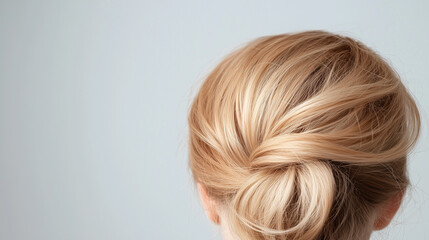 Naklejka premium Elegant Updo: A close-up shot of a woman's back, showcasing a sophisticated and stylish updo, her blonde hair pulled back and twisted into a chic bun.