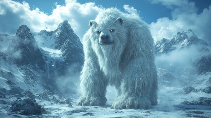 A large, mythical yeti stands majestically in a snowy mountainous landscape.