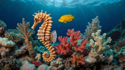 Fototapeta premium Underwater scene featuring seahorse, yellow fish, and coral reef in deep blue ocean