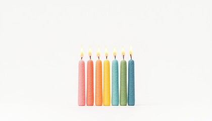 Fototapeta premium Colorful candles lit on a white background, creating a warm ambiance for celebrations
