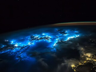A black sky with a thin layer of blue glowing light on the horizon, as seen from space
