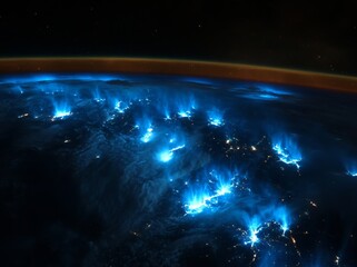 Obraz premium A black sky with a thin layer of blue glowing light on the horizon, as seen from space