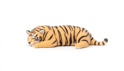 Realistic toy tiger figurine resting on a white background, showcasing detailed stripes and features