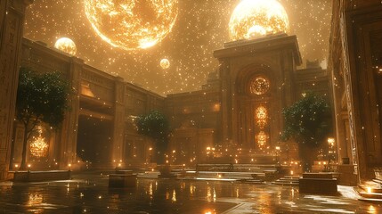 Golden city square, celestial event, night, fantasy