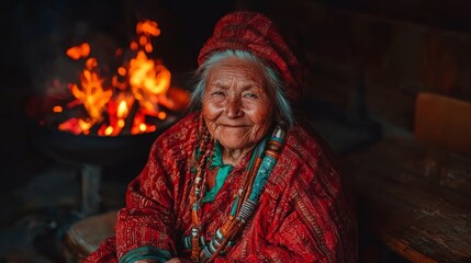 Fototapeta premium Elderly Shaman Woman by Fire South America Ritual Culture