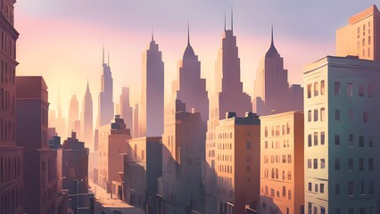 Obraz premium Stylized illustration of a city skyline at sunrise, showcasing tall buildings and a street scene in warm, pastel tones.