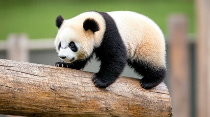 Naklejka premium Adorable Young Panda Climbing on a Log in Natural Habitat