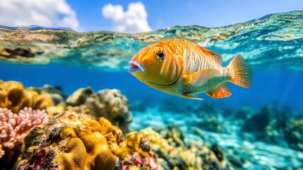 Fototapeta premium Vibrant Orange Fish Swimming Above Colorful Coral Reef Underwater