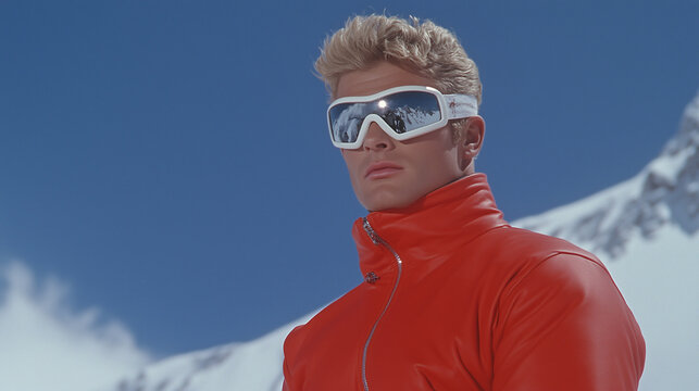 Retro Ski Fashion: A stylish man in vibrant red ski suit and white goggles poses against a backdrop of snow-capped mountains and clear blue sky, embodying the classic cool of 80s ski fashion. 