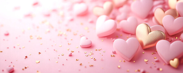 Fototapeta premium Colorful heart-shaped candies scattered on a pink background for celebrations.