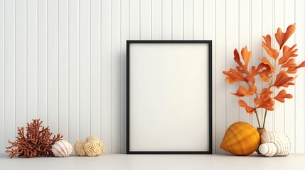 Blank Black Frame Mockup with Autumnal Decor and Seashells