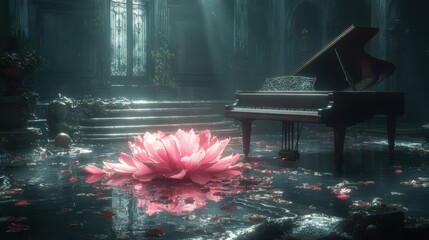 A piano that turns into a flower with a surreal light effect 