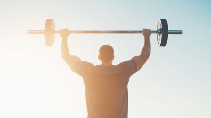 Strength and Determination: A powerful silhouette of a muscular man lifting a barbell overhead, bathed in the warm glow of the setting sun, epitomizing resilience, strength, and unwavering focus. 