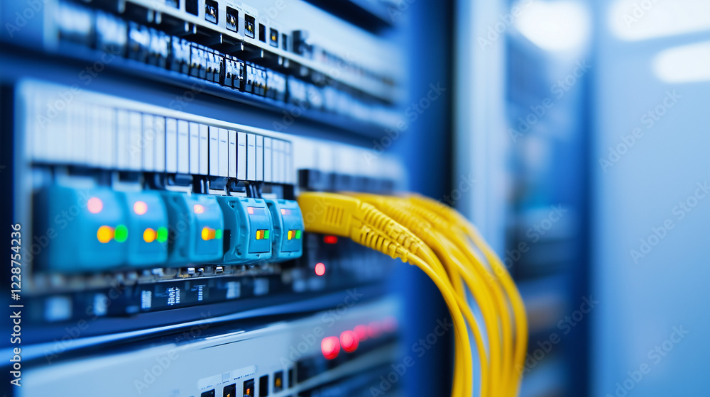 Poster network server connections: close-up view of fiber optic cables plugged into a network server, showc