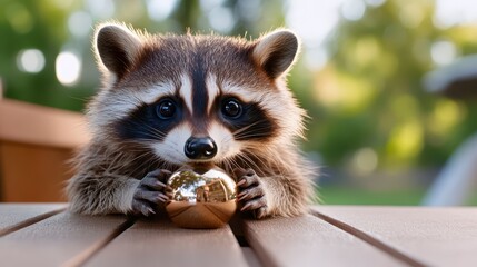 Curious Raccoon with Shiny Object Captured Outdoors in Daylight