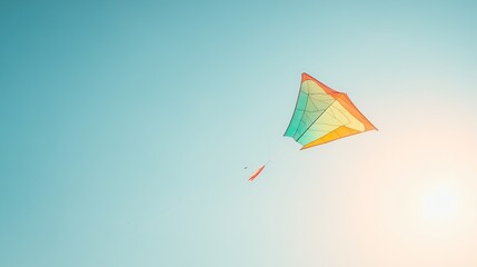 Colorful kite soaring, sunny beach sky, summer fun, vacation