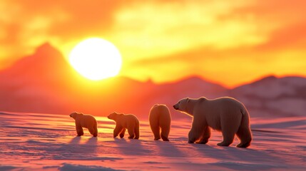 Polar Bears Walking on Snow at Sunset with Orange Sky Background