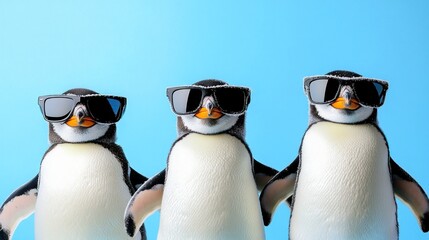 Fototapeta premium Cool penguins wearing sunglasses against blue background