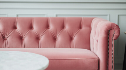 Obraz premium Pink Velvet Sofa: A luxurious blush pink velvet sofa with button tufting and rolled arms sits elegantly in a contemporary interior, exuding sophistication and comfort.