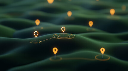 Futuristic 3D digital map with location markers  
