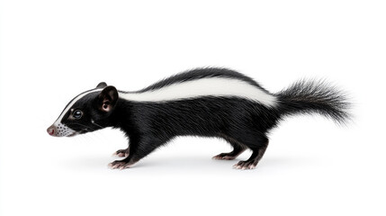 Obraz premium A black and white striped animal stands on four legs, showcasing its sleek fur and characteristic tail.