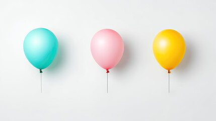 Three colorful balloons (turquoise, pink, and yellow) are displayed against a clean, white background, creating a cheerful and festive atmosphere.