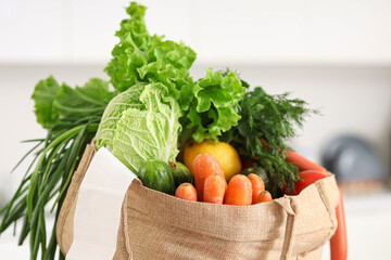 Bag full of groceries in kitchen