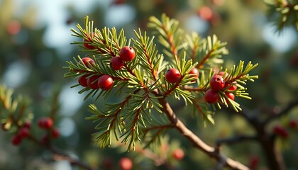 Vibrant Red Berries on Evergreen Branch Nature Photography