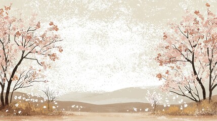 Peaceful spring landscape, blooming trees, misty hills, calm background, ideal for cards