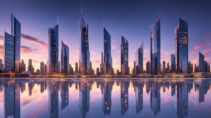 Fototapeta premium Stunning panoramic view of a modern cityscape reflected in calm water at sunset.