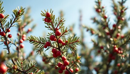 Vibrant Red Berries on Evergreen Branches in Nature