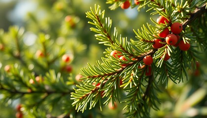 Vibrant Yew Tree Branch with Red Berries in Sunlight