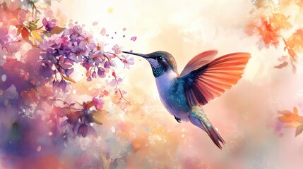Naklejka premium Hummingbird, drooping purple flower bouquet, collecting nectar, watercolor painting, bright lighting, pure white background,