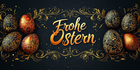 Edle Osterkarte mit Text "Frohe Ostern" Filigranen feinen Linien in Gold und diversen Farben - Osterkarte Osterbanner Werbetext