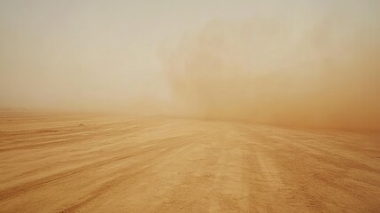 Desert road, sandstorm approaching, hazy landscape, travel warning