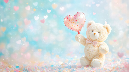 Fototapeta premium A plush teddy bear holding a heart-shaped balloon surrounded by festive colors.