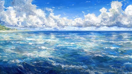 Obraz premium Tropical ocean view, sunny sky, island background, idyllic seascape, perfect for travel brochures