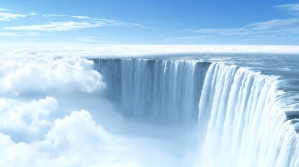 A breathtaking view of a majestic waterfall cascading into a sea of clouds under a bright blue sky, creating a serene and tranquil natural landscape.