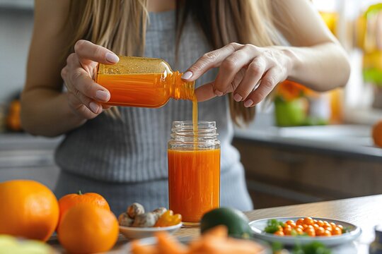 In a kitchen filled with fresh produce, a woman pours liquid vitamins into her juice. This showcases her commitment to a healthy breakfast routine with nutritious supplements